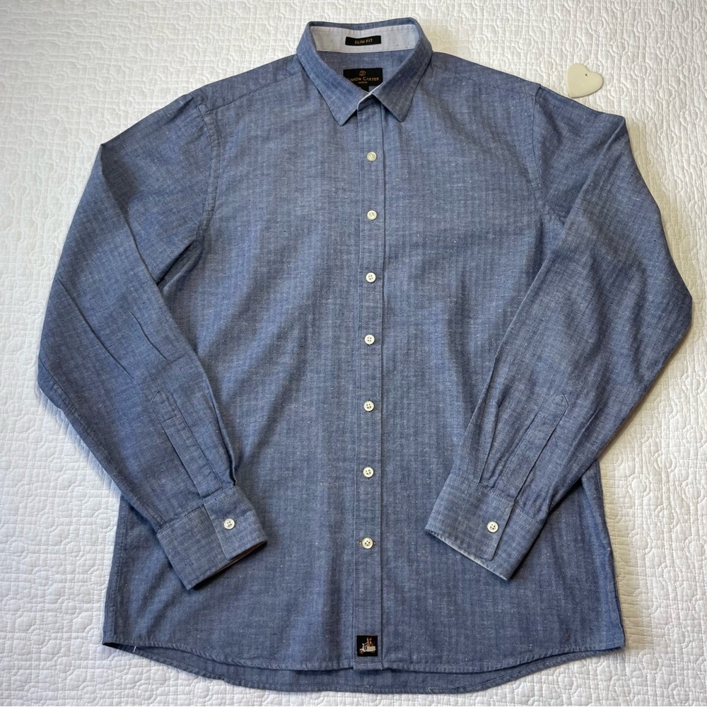 SIMON CARTER LONDON Men's Long Sleeve Slim Fit Dress Shirt, size Large, Blue